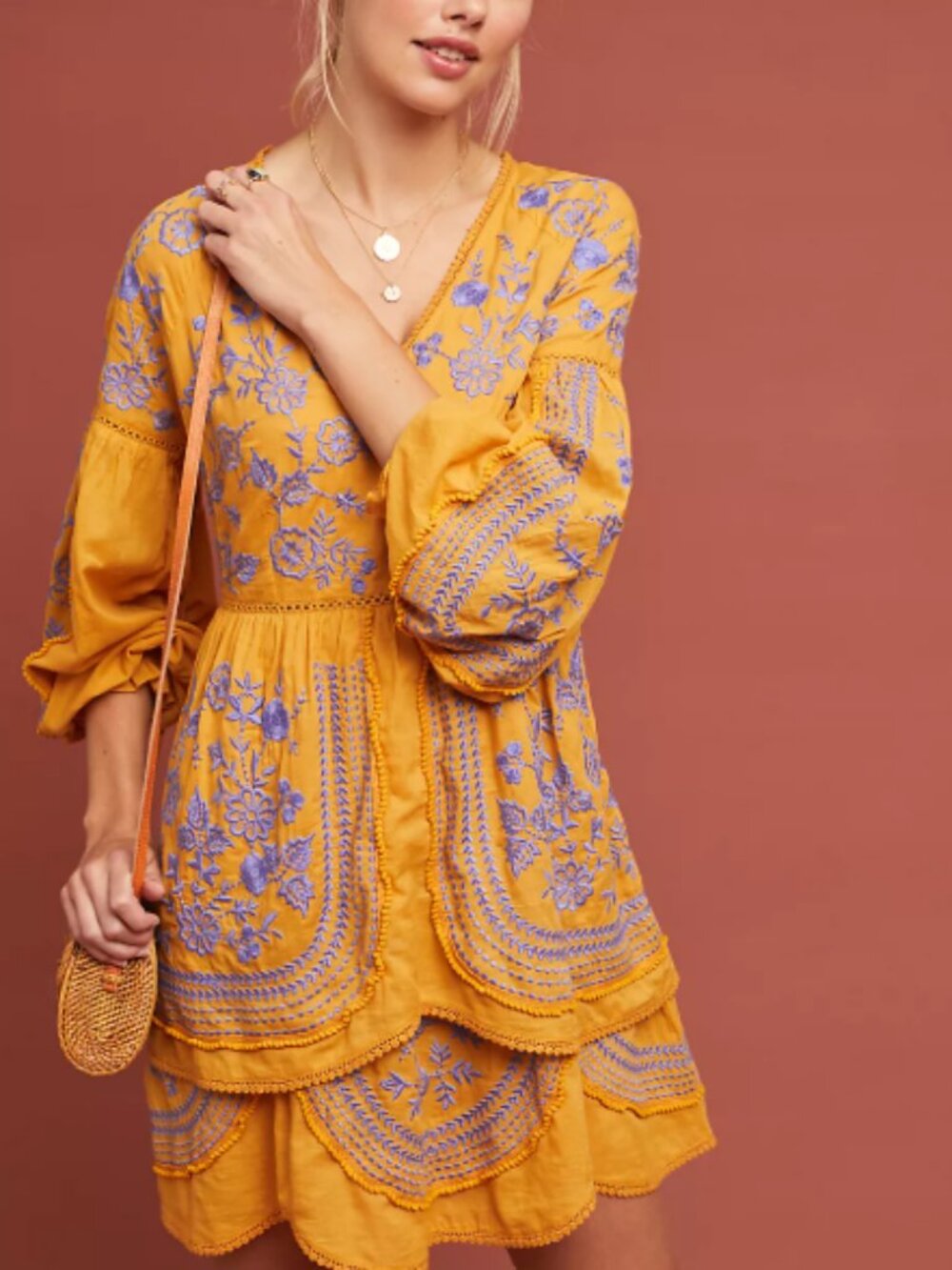 Anthropologie Alena Ruffled-Embroidered Tiered Tunic Dress